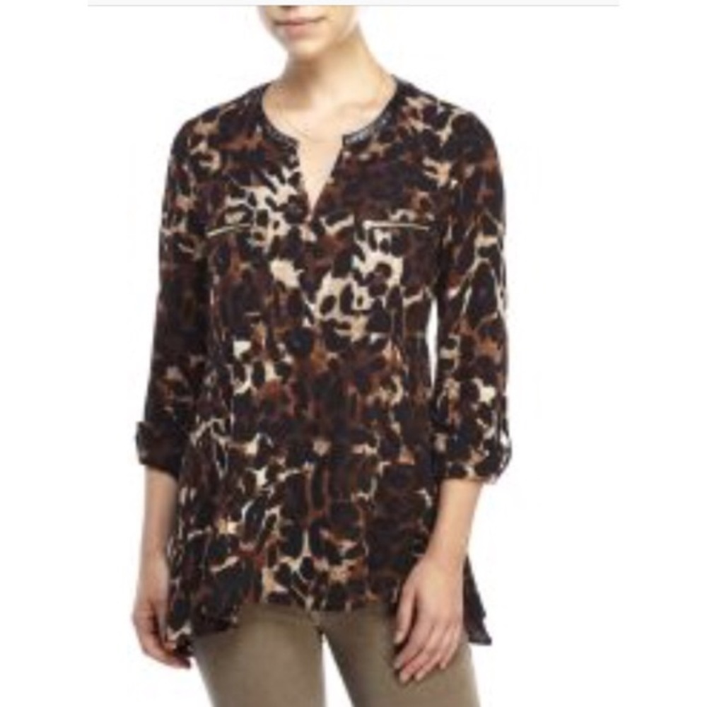 Rafaella Animal Print Tunic Top Womens Size Large Brown Black Faux Leather Trim - Picture 2 of 15